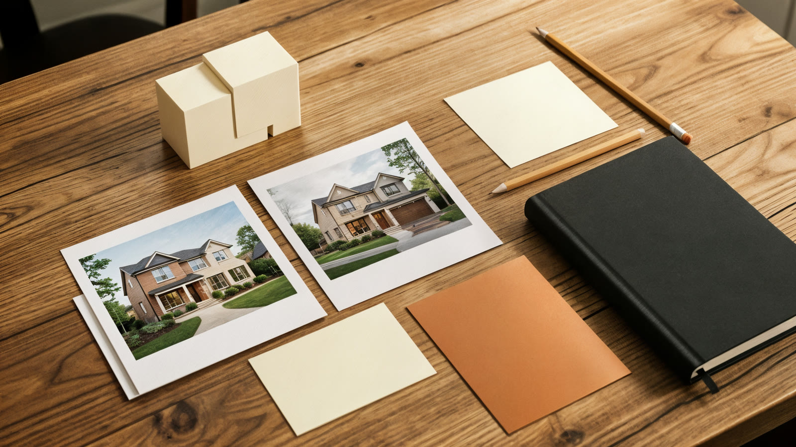 Illustrative editorial still life of residential property photos and blank planning materials on a desk