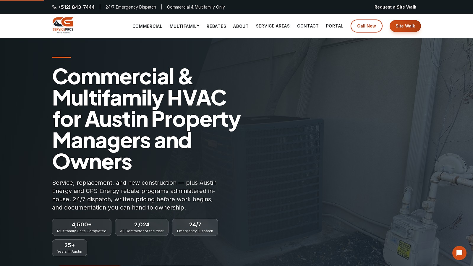 Screenshot of the CG Service Pros website homepage showing its commercial and multifamily HVAC positioning for Austin property managers and owners